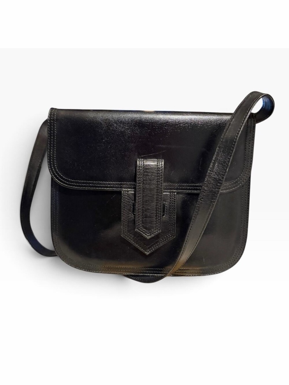 Vintage Yves Saint Laurent Black Leather Structured Flap Crossbody Bag 1980s